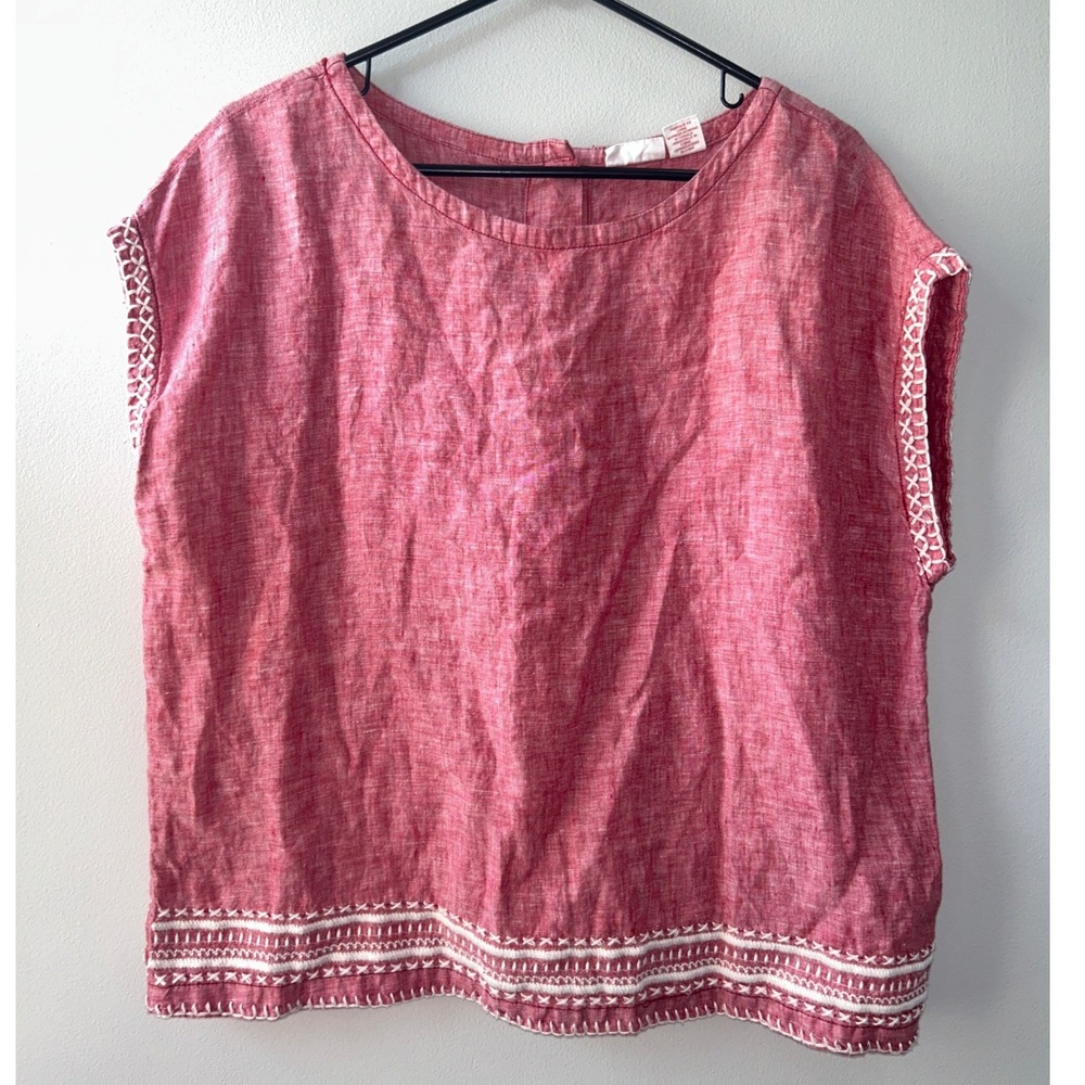 Sigrid Olsen Red 100% Linen Embroidered Button Back Top Blouse Womens Medium